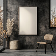 An empty rectangular frame mockup in a beige color, placed on the wall with a concrete floor and a small window on the side. 