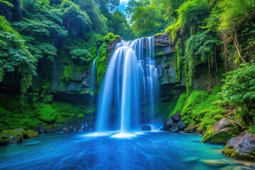 Obraz premium Blue dripping waterfalls down a stone cliffside, with lush green foliage in the background, natural wonder, geological process, turquoise, landscape