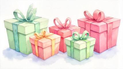 Fototapeta premium Watercolor Christmas gifts in soft pastel colors