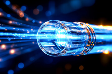 Bright blue light shines on fiber optic cables, showcasing their role in high-speed communication