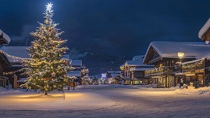 Snowy night scene with a decorated Christmas tree and festive lights in a small town