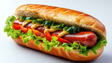 Hamburger sandwich on the table, white background