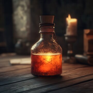A mystical potion bottle glowing with an amber light, surrounded by candles, creating an enchanting, magical atmosphere.