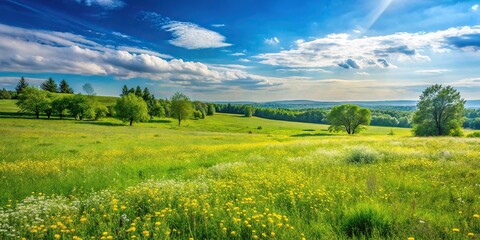 Fototapeta premium A vast, untouched expanse of green grass stretches out to the horizon, punctuated by the occasional wildflower or tree, on a warm and sunny day, trees, sky, open fields, sunlight
