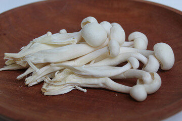 Bunapi shimeji, or white beech, or white clamshell mushroom, on wooden plate, on white background