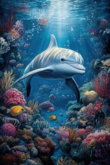 Fototapeta premium A vibrant underwater scene featuring a playful dolphin swimming among colorful coral reefs and tropical fish.