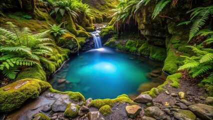 Fototapeta premium A small, glowing pool of cyan liquid seeps from the ground into a rocky crevice, surrounded by ferns and moss, foliage, geology, outdoors, moss
