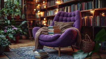 A cozy reading nook with a purple chair, books, plants, and warm lighting.
