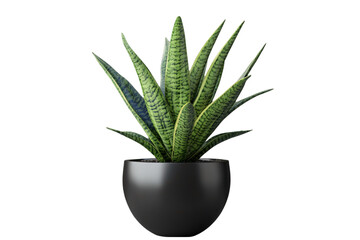 A striking succulent plant with long, pointed leaves, nestled in a sleek black pot, set against a transparent background.