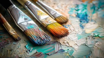 Obraz premium Various artist's brushes are arranged on a vibrant paint palette showcasing a spectrum of colors and textures