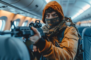 Terrorist Wearing Camouflage And Holding Assault Rifle Hijacks Plane, Air Travel Safety Concept