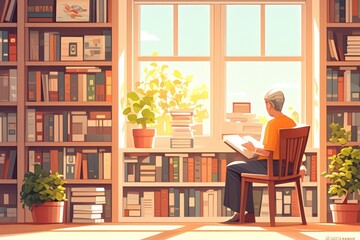 Illustration of a Person Reading by a Window in a Room with Bookshelves