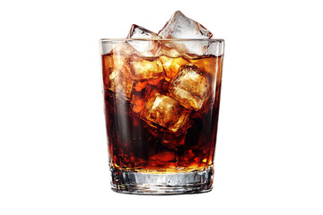 A clear glass filled with dark soda and ice cubes, set against a transparent background, showcasing a refreshing beverage.
