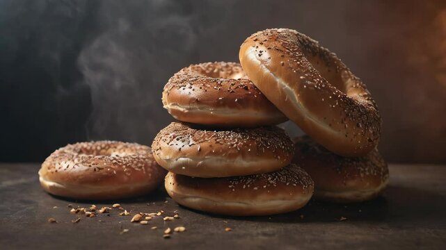 Closeup of Turkish simit bagel with sesame seeds on black background. Generative AI
