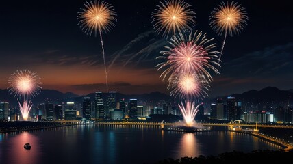 Fototapeta premium Fireworks display over a cityscape at night, reflecting in the water.