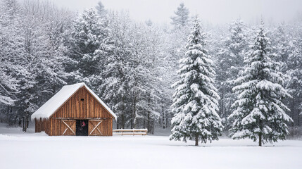 Snow-covered trees and a rustic wooden barn with holiday decorations