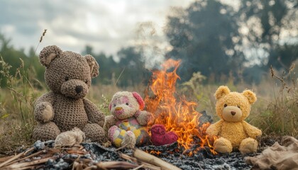 Teddy Bears Gathered Around a Campfire