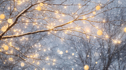 Snow-covered branches illuminated by the soft glow of holiday lights
