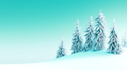 Obraz premium serene snowy landscape features tall, frosted trees against soft gradient sky. tranquil scene evokes sense of peace and winter beauty