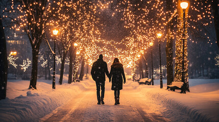 Couple taking a winter walk through a snow-covered park with holiday lights hanging from the trees