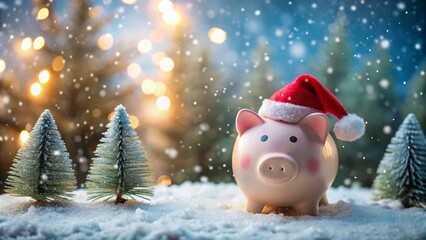 Festive Piggy Bank in Snow with Santa Hat - Holiday Savings Concept