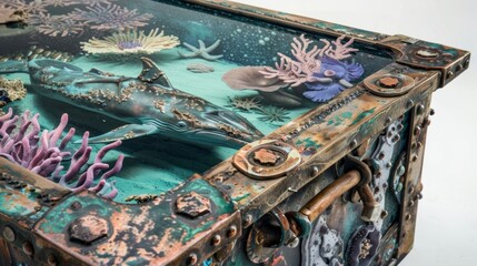 Fototapeta premium An industrialstyle coffee table with a unique feature a hidden compartment that reveals an immersive undersea garden filled with magnificent whales alluring mermaids and delicate sea