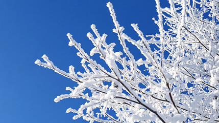 Frosted branches covered in snow with a bright blue winter sky above