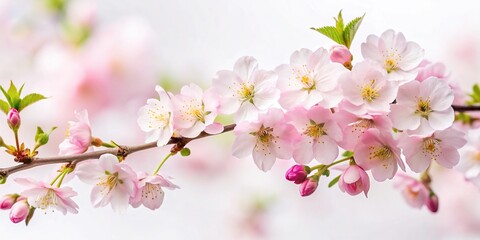 Obraz premium A delicate cherry blossom branch with soft pink petals and green leaves against a white background, blossoms, serene, garden, nature