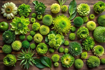 Fototapeta premium A collection of vibrant green flowers arranged in a beautiful floral pattern on a wooden table, showcasing the beauty and diversity of botanicals, floral pattern, garland, home decor, flowers