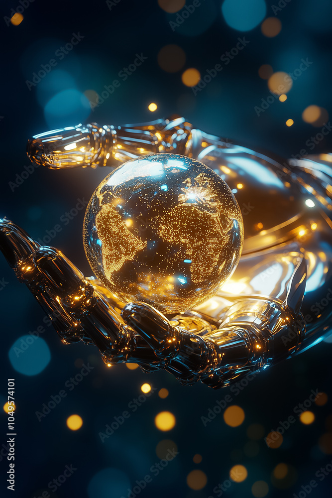 Poster a metallic robotic hand extends towards a glowing digital globe, reflecting intricate patterns and d
