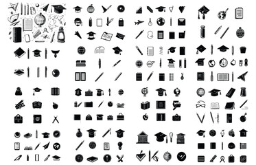 Collection of Education and Academic Icons: Books, Globes, Graduation Caps, and Stationery