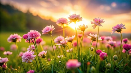 A cluster of delicate pink flowers blooming in a lush green meadow at sunset, soft, garden, spring, idyllic