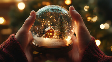 Close-up of hands holding a snow globe with a holiday scene inside