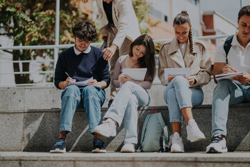 Fototapeta premium A group of high school students working on academic tasks with their teacher's help outdoors. The scene captures learning, collaboration, and youthful energy in a casual setting.