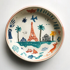 hand painted colorful ceramic plate with eiffel tower design  paris france travel souvenir