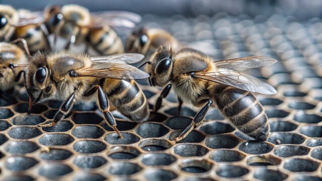 Close-up of bees on honeycomb, working together.