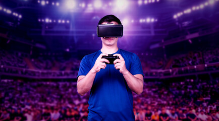 Adult holding joystick and wearing VR goggles while enjoy playing games at stadium with blurring background. Asian man enjoy controlling controller and using augmented reality technology. Ingenuity.