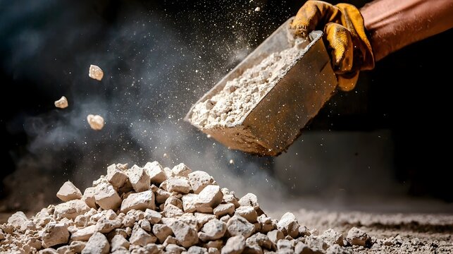 Raw gypsum stones being forcefully crushed and processed in an industrial manufacturing plant for use as a construction material or mineral aggregate