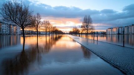 A quiet street halfsubmerged, reflections of clouds in the still water, long exposure capturing serene mood