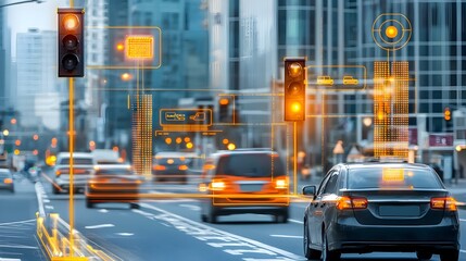 Smart traffic lights equipped with advanced sensors and controlling the flow of vehicles and traffic in a busy urban intersection at night