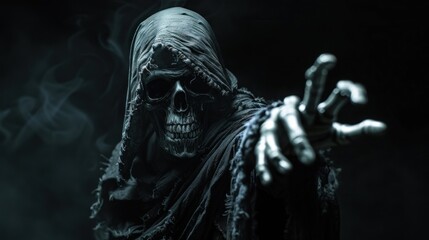 Obraz premium Grim Reaper stretches out a skeletal hand towards the camera Against the backdrop of darkness