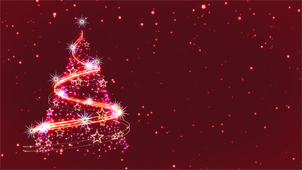 An abstract Golden Christmas tree on a dark red background with copy space and glitter golden particle .