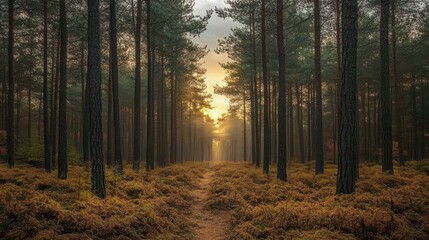 Obraz premium A forest with a path through it and a sun setting in the background. Generative AI