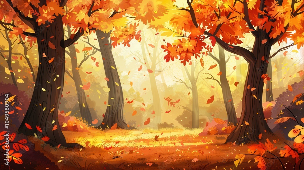 Aufkleber A serene forest adorned with bright fall leaves, creating a warm, golden atmosphere as leaves flutter down in the gentle breeze. Generative AI
