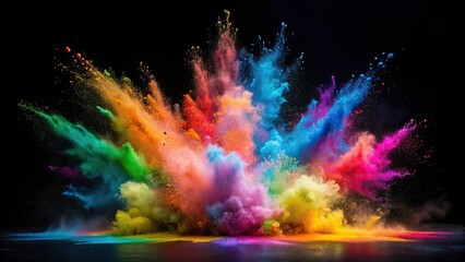 Fototapeta premium explosion of colored holi powder splash of paint and smoke on black background Aerial