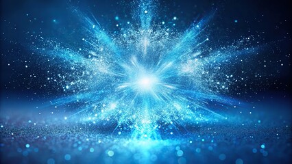 Fototapeta premium explosion of glowing light blue dust on blue background sparkling and magical effect Extreme Close-Up