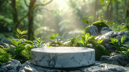 3D White Marble Podium with Green Leaves in Nature Scene