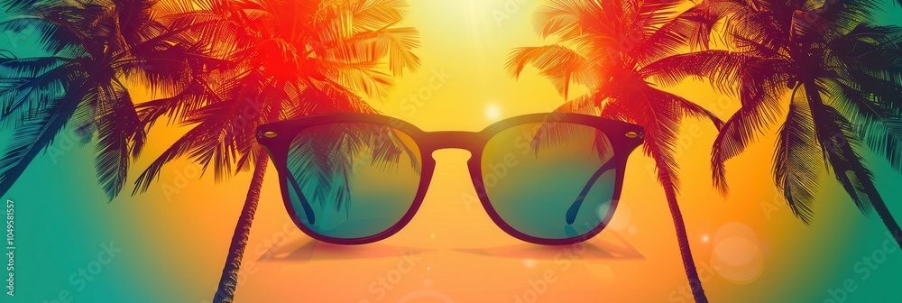 Poster a silhouette of sunglasses stands out against a bright sunset at the beach, framed by swaying palm t