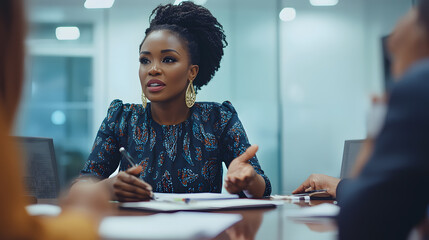 A woman in a business suit is sitting at a table with a pen and a piece of paper