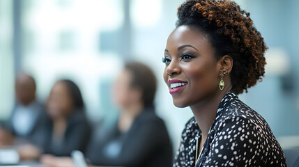 Obraz premium A woman with a smile on her face is sitting in a room with other people
